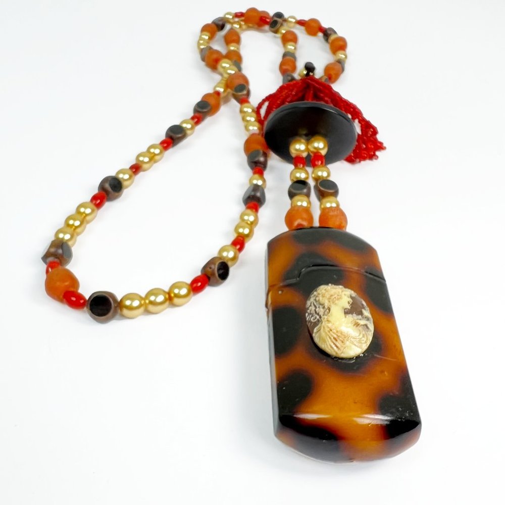 Vtg Eyeglass Case w/ Cameo Pendant on Glass & Wood Beaded Necklace w/ Tassel